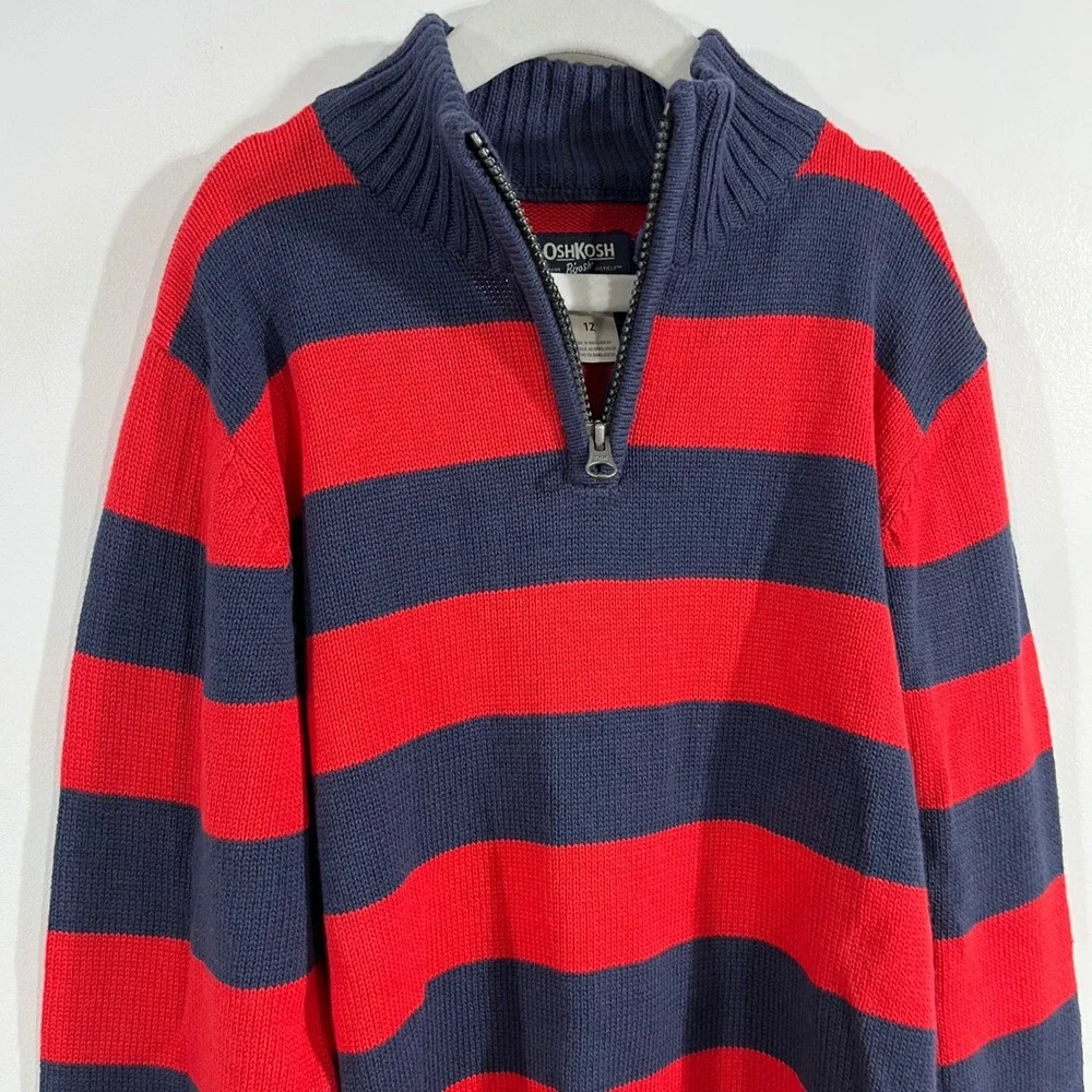 OshKosh Bgosh Kids Boys Preppy Striped Quarter Zip Cotton Sweater Size 12 Cozy